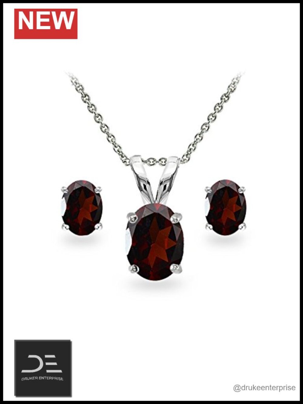 Sterling Silver Jewelry Set Oval Garnet Necklace Stud Earrings